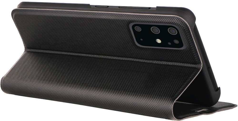 Czarna, teksturowana obudowa telefonu otwarta, pokazująca aparat.