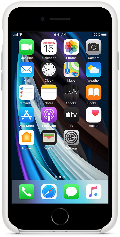 iPhone z ikonami aplikacji na ekranie, w białym etui.