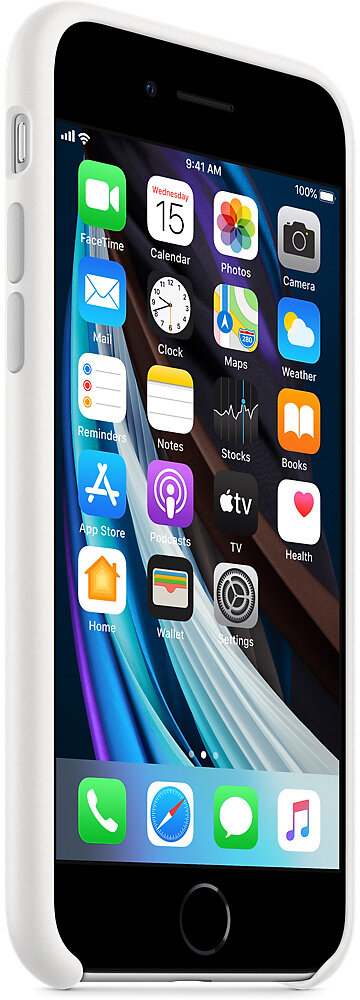 iPhone SE z białą obudową, pokazujący ikony na ekranie. Jest pochylony i oświetlony.