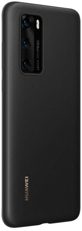 Czarne etui na telefon z potrójnym aparatem. Słowo HUAWEI znajduje się na dole.