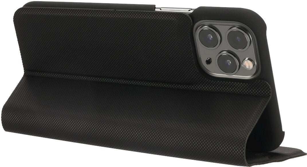 Czarny futerał na telefon z teksturowanym wykończeniem. Widoczny aparat telefonu. Futerał jest otwarty.