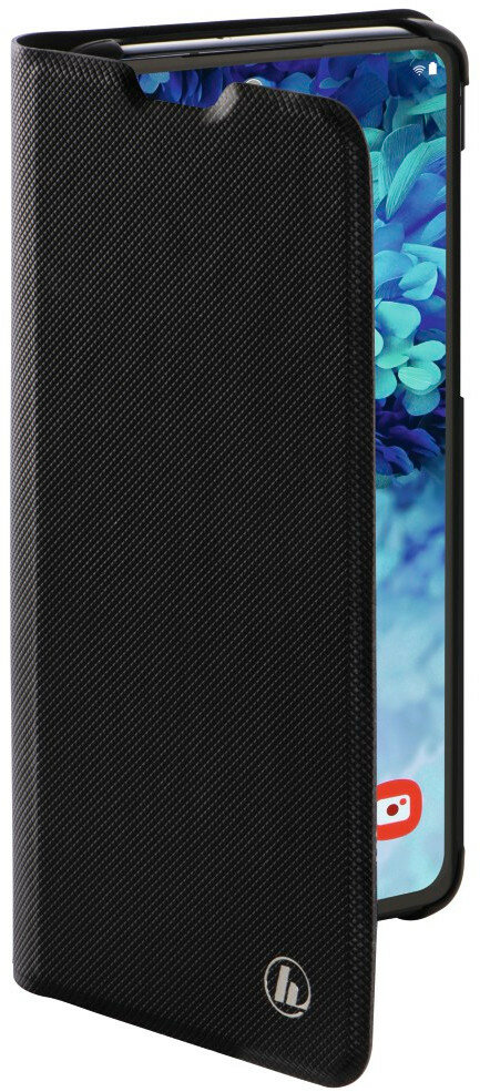 Czarne etui na telefon, otwarte, aby odsłonić ekran telefonu, z logo Hama na dole.