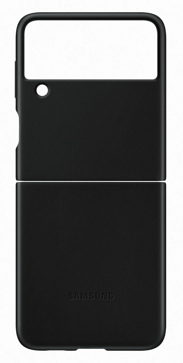 Czarne etui na telefon, otwarte. Pokazuje wnętrze etui. Widoczne logo Samsung.