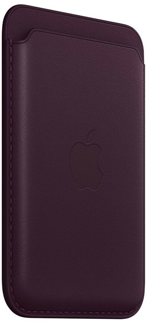 Ciemnofioletowe skórzane etui na iPhone z wytłoczonym logo Apple.