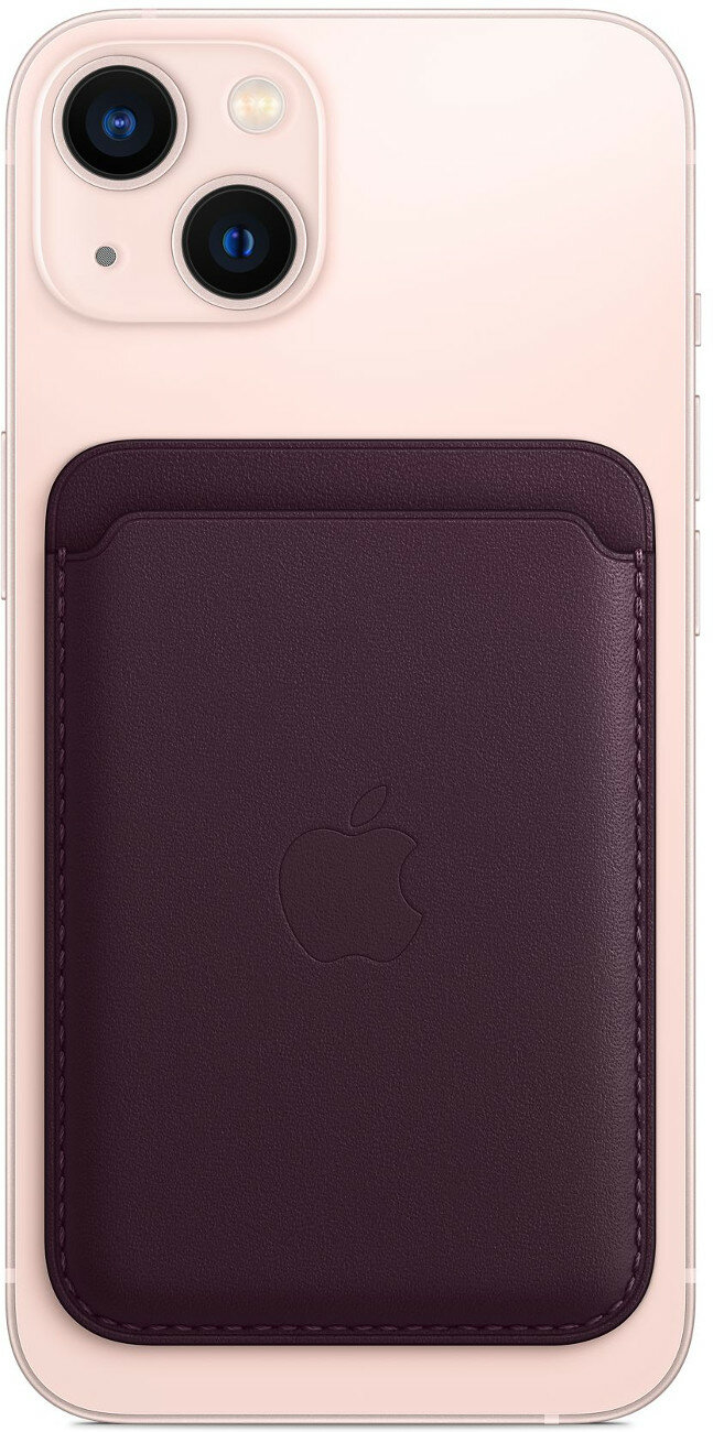Różowy iPhone z ciemnofioletowym etui na karty z logo Apple.
