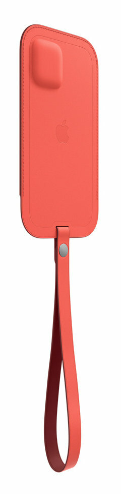 Koralowe etui na iPhone'a z paskiem, widok z tyłu, widoczne logo Apple.
