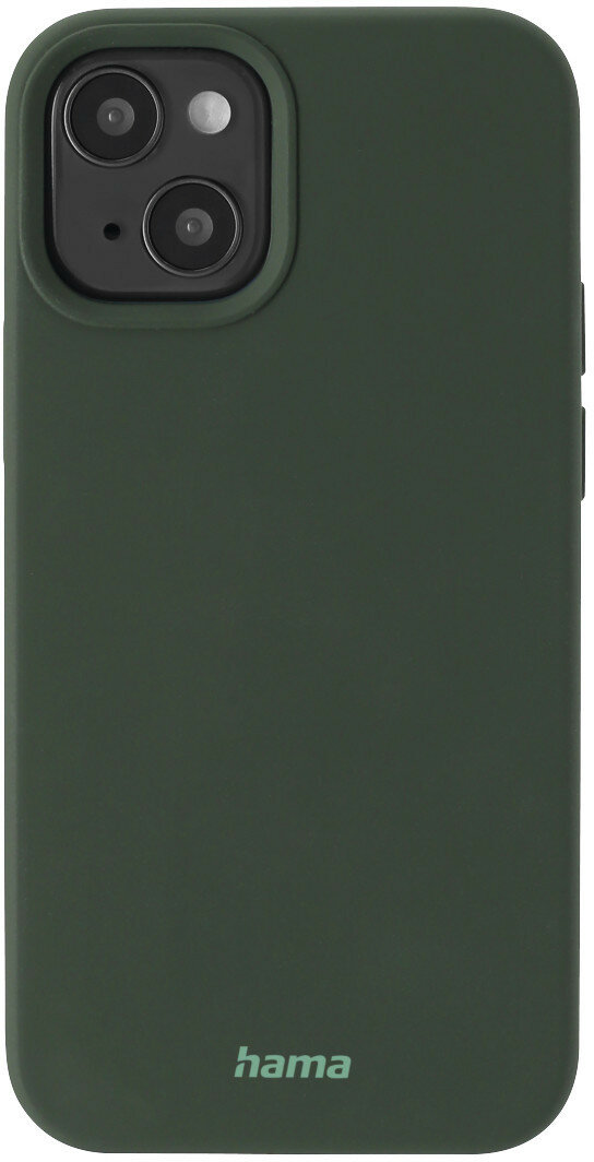 Zielone etui na telefon. Etui ma dwie widoczne soczewki aparatu. U dołu napis "hama".