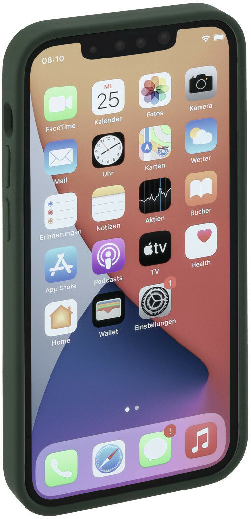 Smartfon z wieloma ikonami wyświetlonymi na ekranie, w zielonym etui. Widoczna jest data.