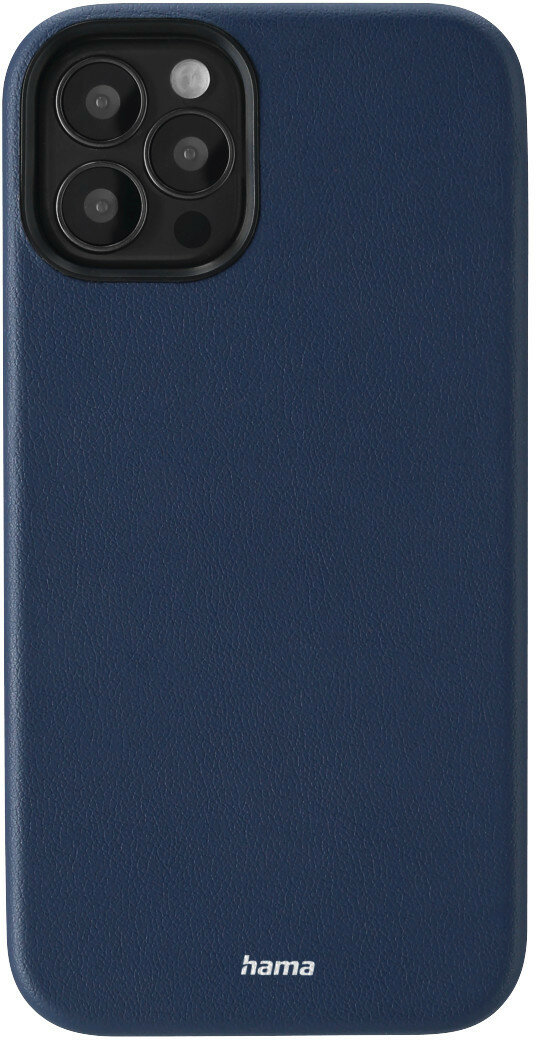 Niebieskie skórzane etui na telefon z trzema obiektywami aparatu.