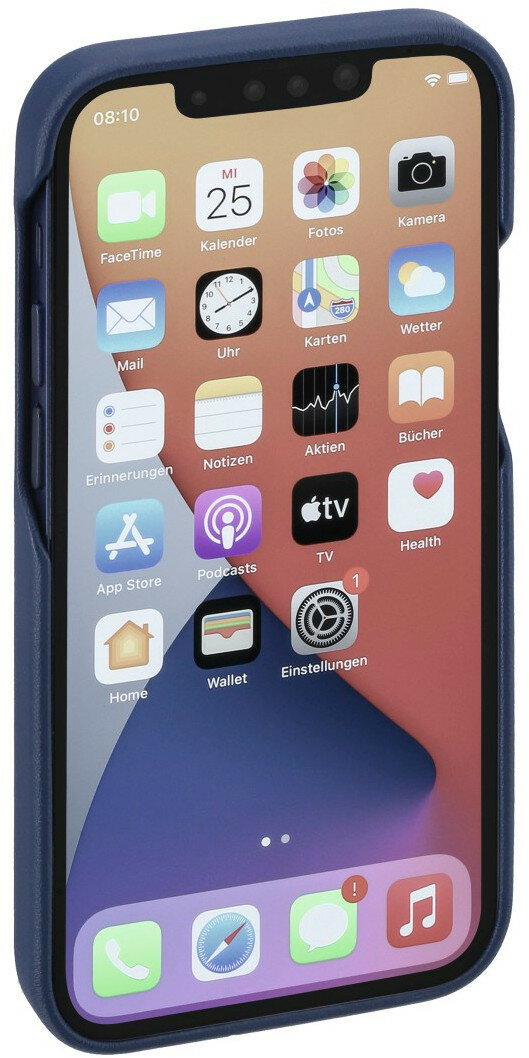 iPhone w granatowym etui. Ekran pokazuje ikony aplikacji: aparat, zegar, kalendarz, pogoda i inne.