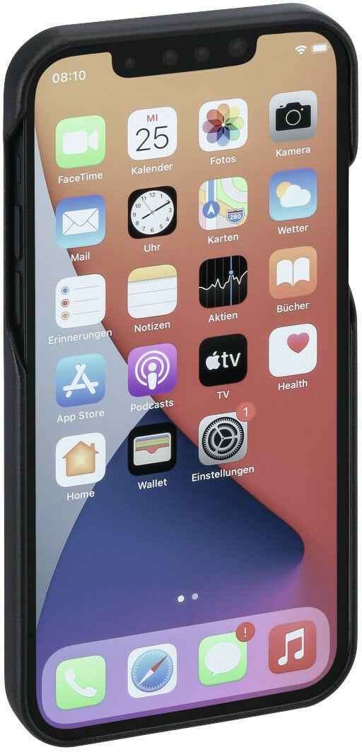 Telefon z czarnym etui wyświetla ikony różnych aplikacji na ekranie.