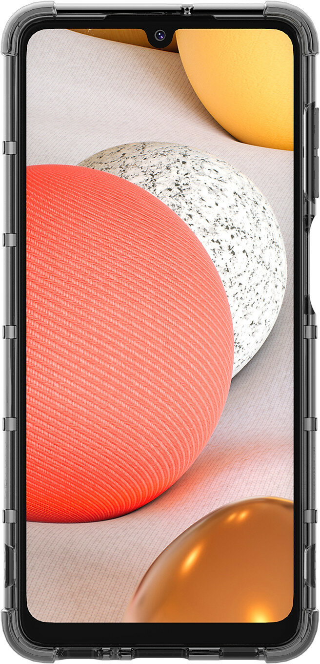 Smartfon z przezroczystym etui. Ekran wyświetla abstrakcyjne, kolorowe kształty.