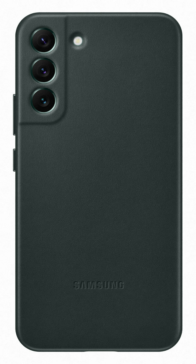 Ciemnozielone etui na telefon z trzema obiektywami aparatu i logo marki Samsung na dole.