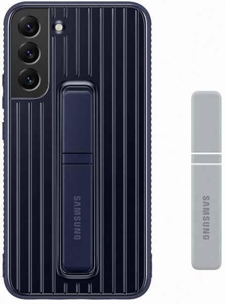 Etui na telefon Samsung ze stojakiem, granatowe z żłobioną teksturą.