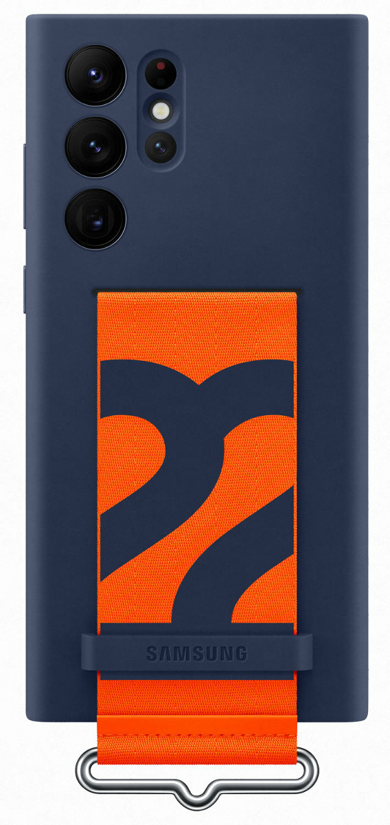 Granatowe etui na telefon Samsung z pomarańczowym paskiem z numerem '22'.