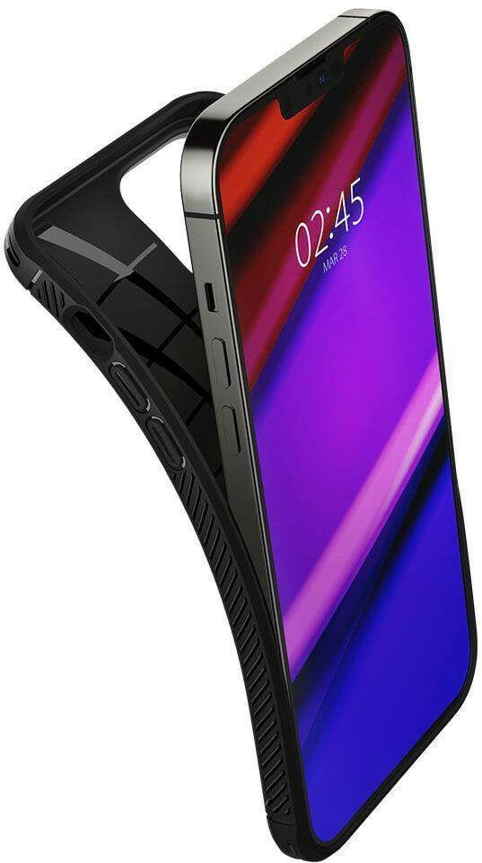 Czarny iPhone w etui ochronnym. Ekran wyświetla fioletowe i niebieskie tło.