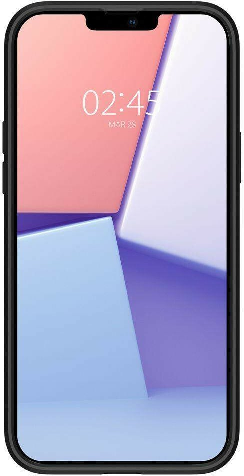 Smartfon z czarną ramką wyświetla abstrakcyjną tapetę w kolorze różowym i niebieskim.