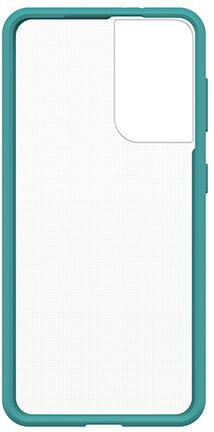 Turkusowe etui na telefon. Etui ma przezroczysty tył z wycięciami na aparat i przyciskami bocznymi.