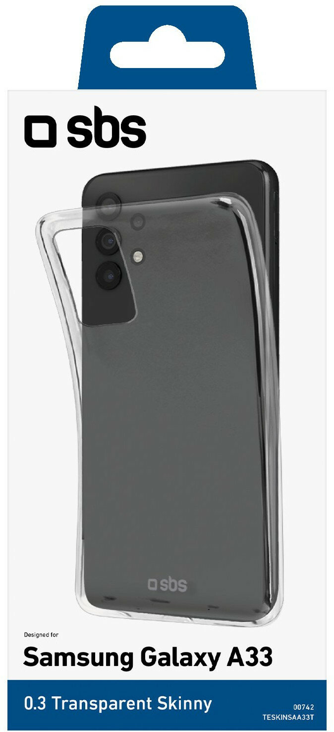 Przezroczyste etui na telefon na czarnym telefonie, w opakowaniu z logo 'sbs'.