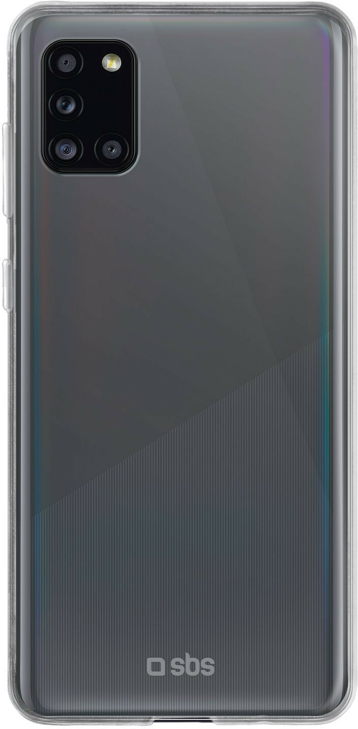 Tył smartfona w przezroczystym etui, z czarnym modułem kamery, na białym tle.