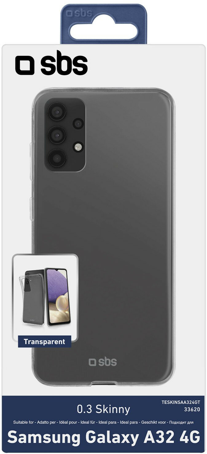 Telefon w przezroczystym etui, z dwoma zdjęciami telefonu w etui na pudełku.