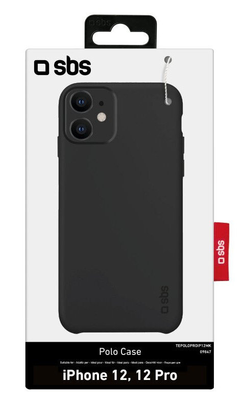 Czarne etui SBS do iPhone 12/12 Pro, pokazane w opakowaniu.
