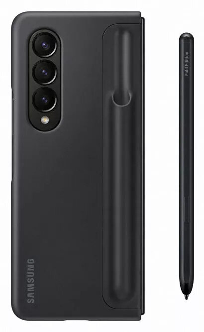 Czarne etui na telefon Samsung z wbudowanym uchwytem na długopis i czarnym rysikiem. Telefon jest złożony.