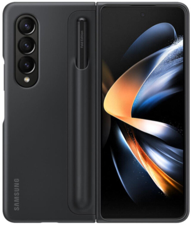 Czarny futerał na telefon otwarty, pokazujący telefon. Etui ma gniazdo na długopis.