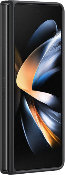 Czarny składany telefon Samsung z etui i widok z boku zamkniętego telefonu.