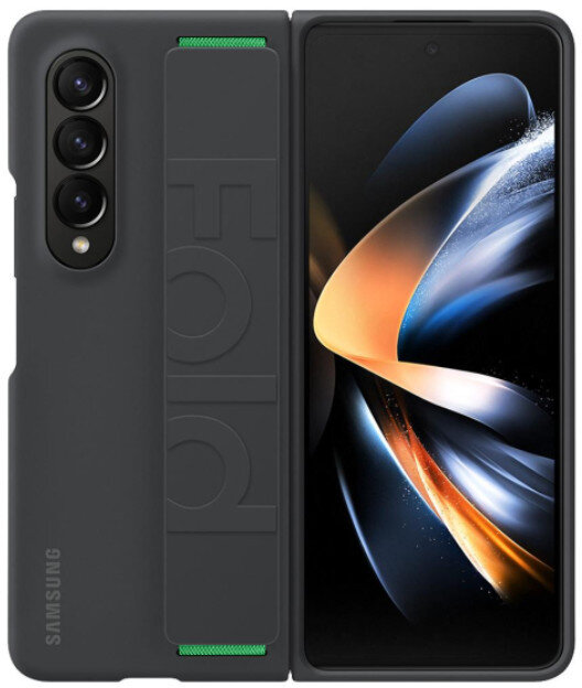 Czarny pokrowiec na telefon z zielonym akcentem, telefon częściowo otwarty. Widoczne logo Samsung.