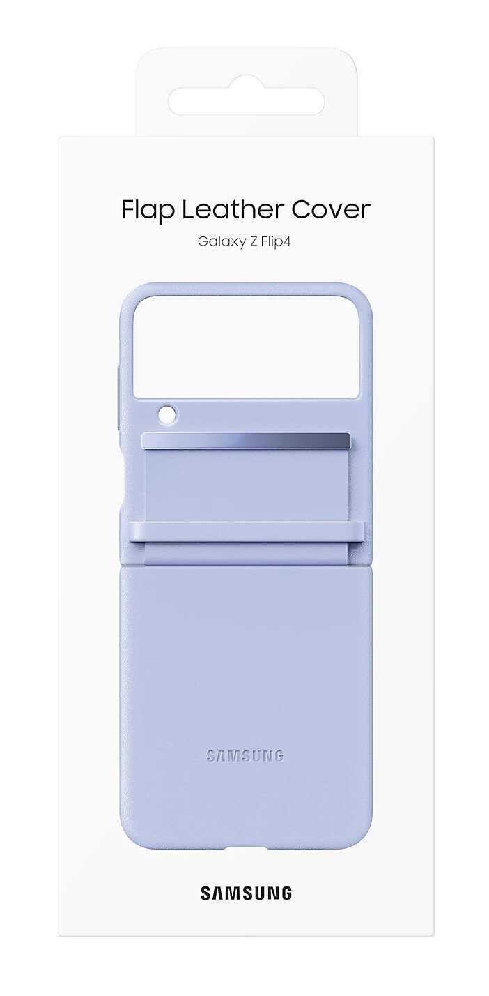 Jasnofioletowe etui na telefon w białym pudełku, pokazujące otwartą pokrywę.