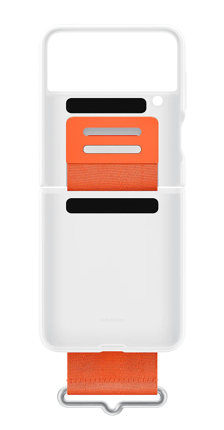 Białe etui na telefon z pomarańczowym paskiem.
