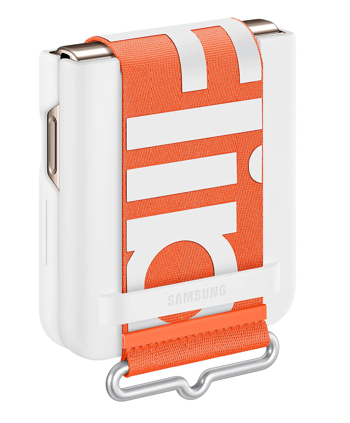 Biało-pomarańczowe etui na telefon. Pomarańczowy pasek z białym tekstem. Srebrna metalowa pętla.