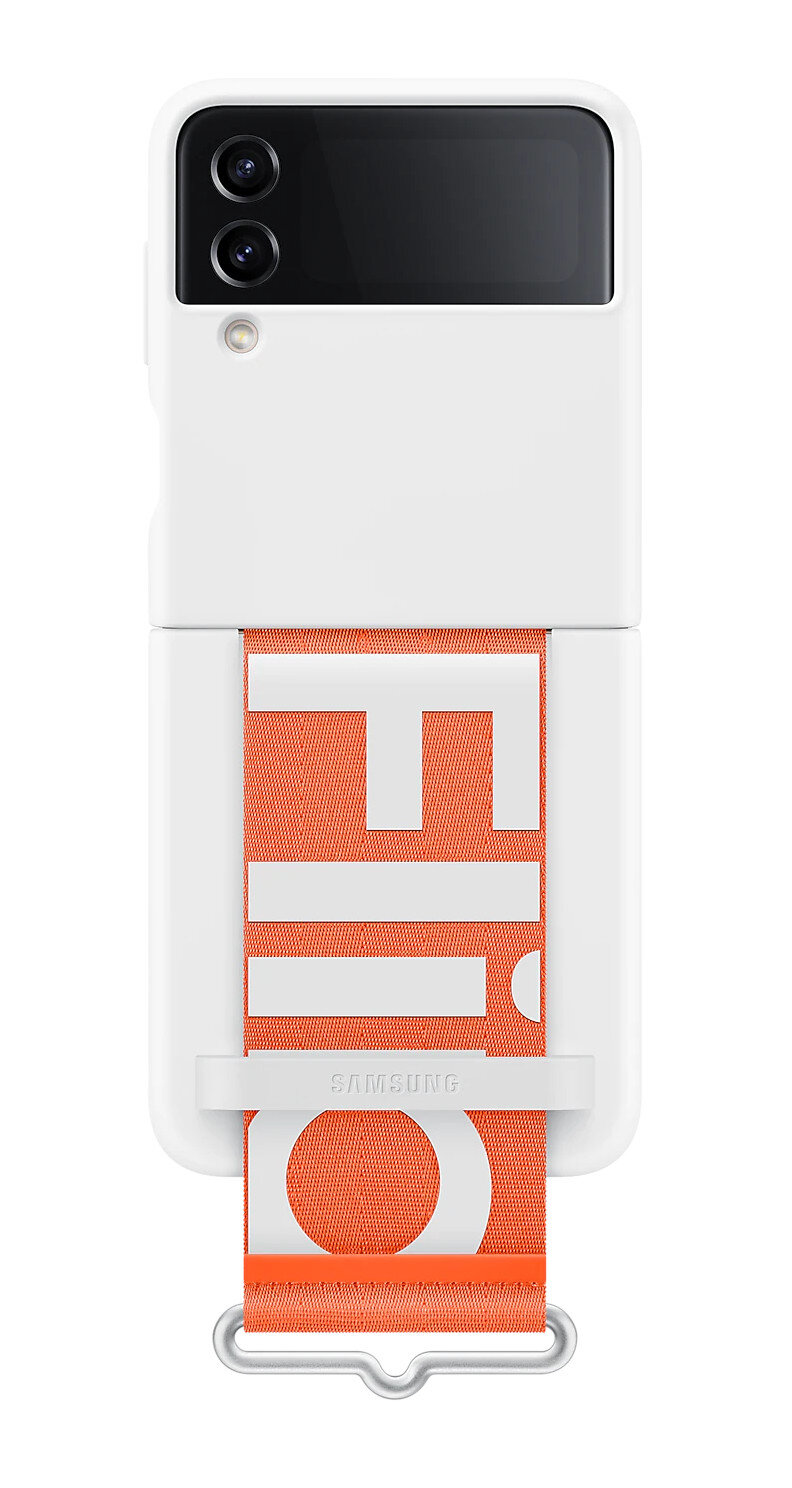 Biały telefon Samsung z paskiem z napisem 'Flip' białymi literami na pomarańczowym tle.