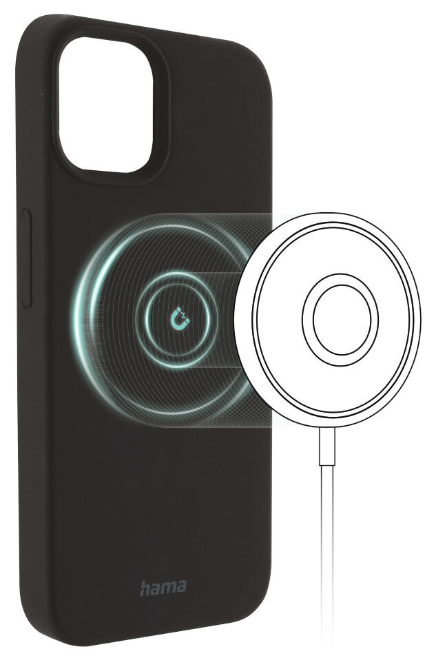 Czarna obudowa telefonu z białym magnetycznym konturem ładowarki i niebiesko-zielonym wzorem okrągłym promieniującym z niej.