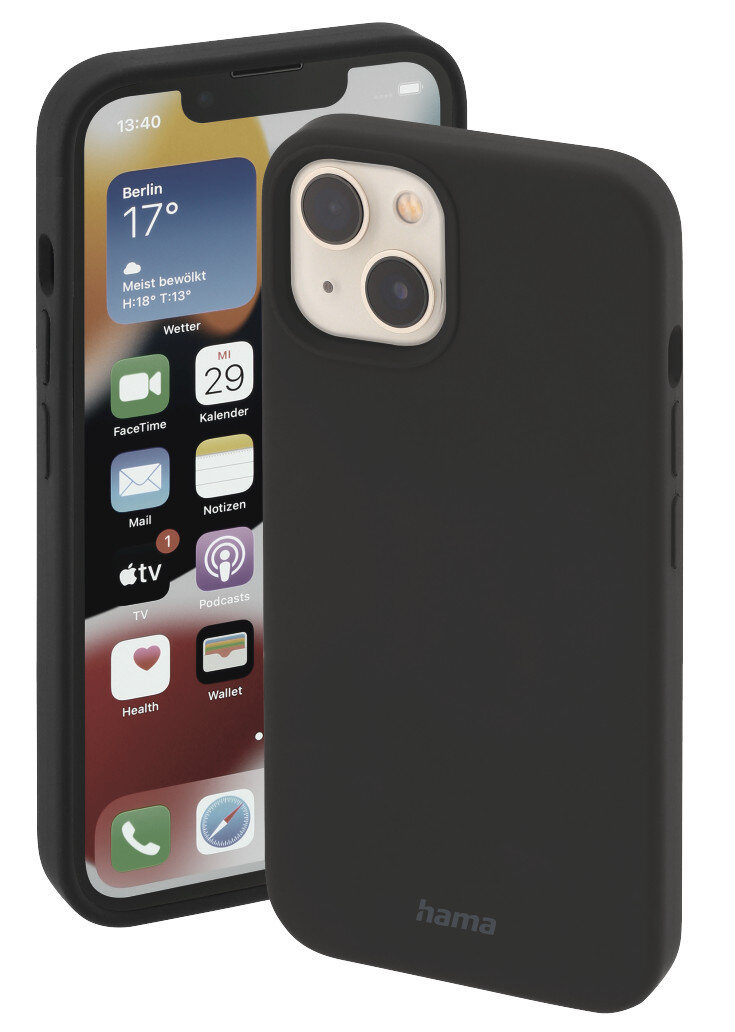 Czarny telefon w czarnym etui. Telefon jest włączony i pokazuje ekran główny z ikonami aplikacji.