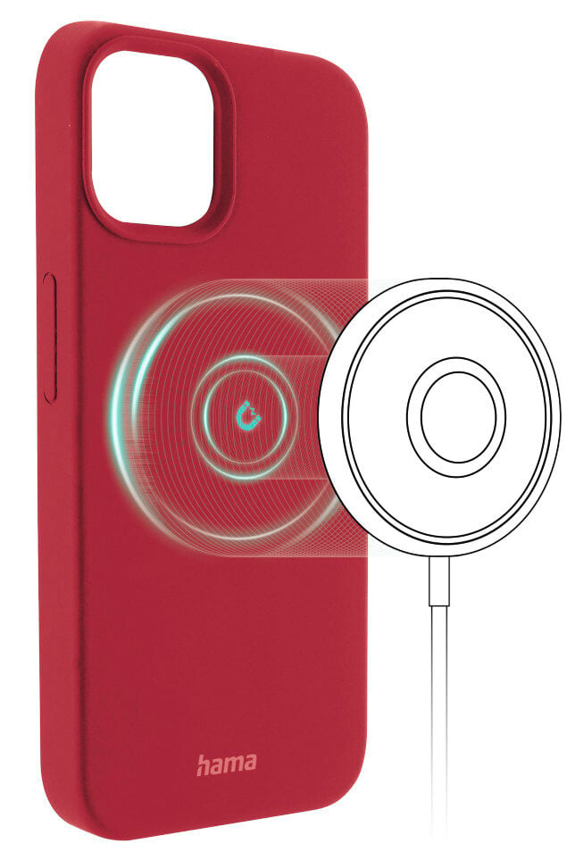 Czerwone etui na telefon z białym okręgiem do ładowania, obok urządzenia ładującego.