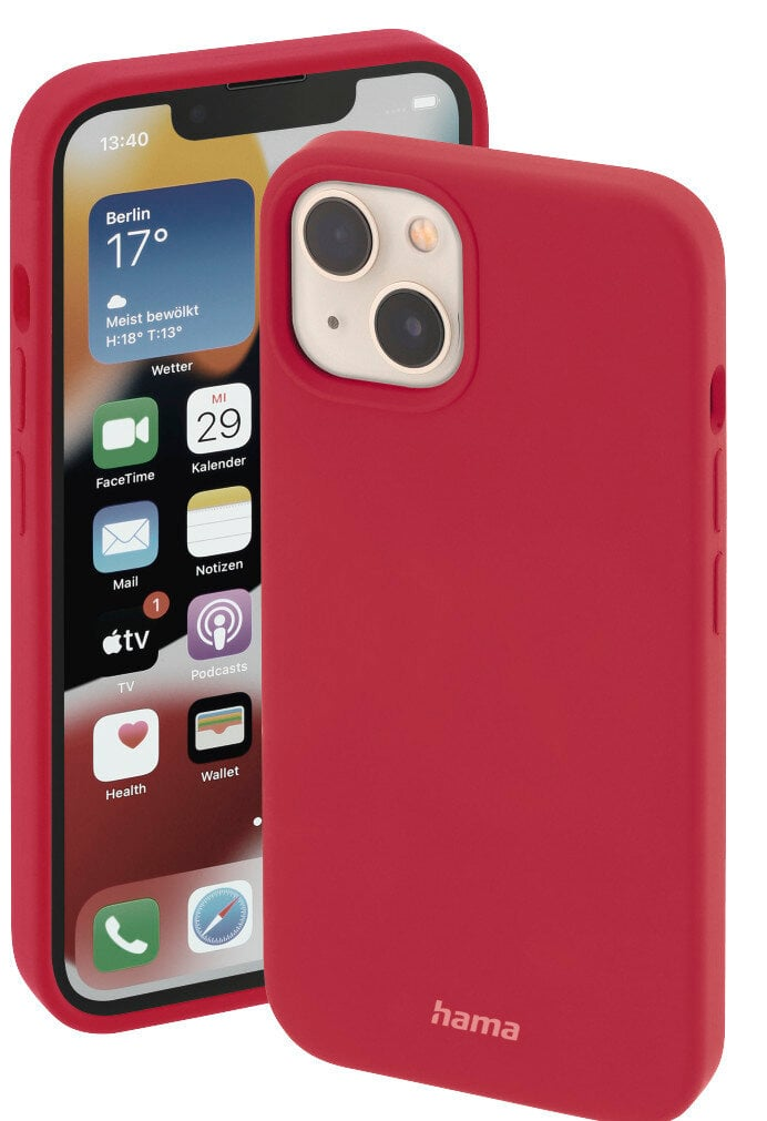 Czerwone etui na iPhone z iPhonem pokazującym aplikację pogodową na ekranie.