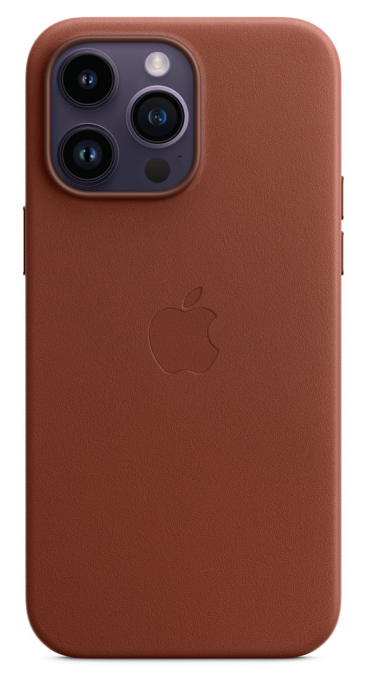 Brązowe skórzane etui na telefon z logo Apple. Widoczny aparat telefonu.