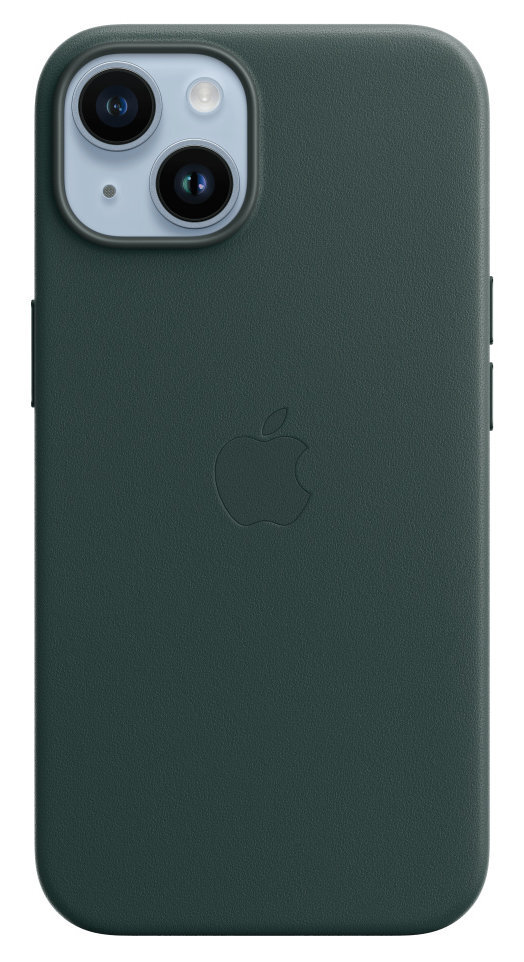 Ciemnozielone etui na iPhone'a, widoczne logo Apple, widok z tyłu.