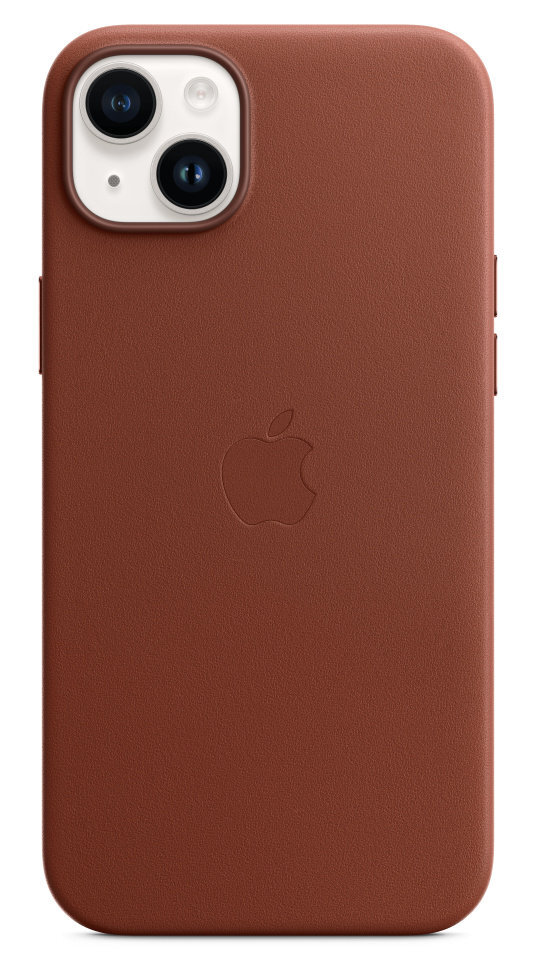 Brązowe skórzane etui Apple iPhone z wytłoczonym logo Apple z tyłu.