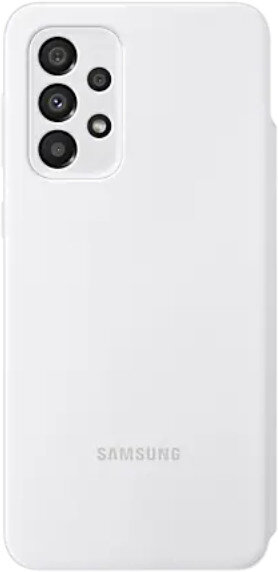 Białe etui na telefon na białym tle. Ma trzy obiektywy aparatu i logo SAMSUNG.