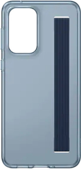 Przezroczyste etui na telefon z niebieskim uchwytem, wycięciem na aparat i osłonami przycisków.