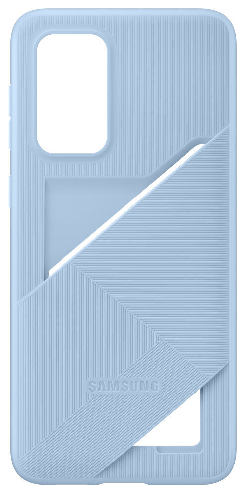 Jasnoniebieskie etui na telefon z miejscem na kartę. Widoczne logo Samsung.