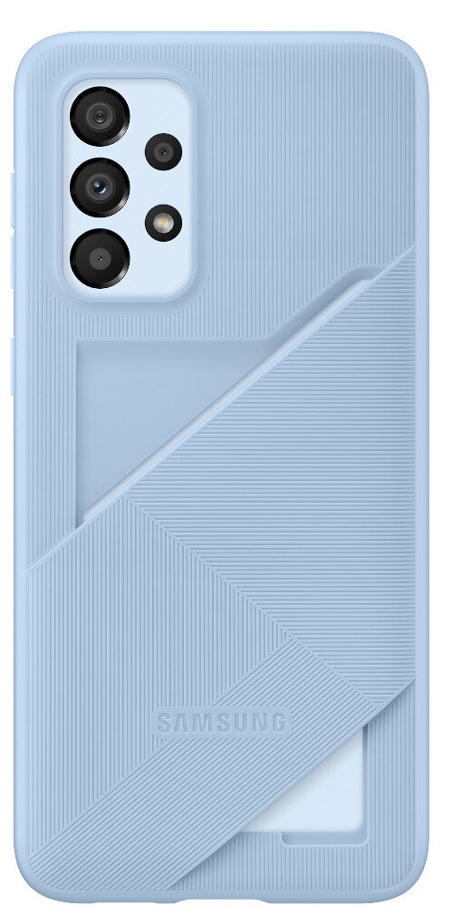 Jasnoniebieskie etui na telefon Samsung z wycięciem na aparat i geometrycznym wzorem.