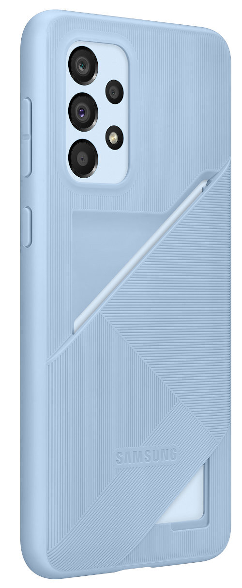 Jasnoniebieskie etui na telefon z geometrycznym wzorem. Widoczny jest aparat.