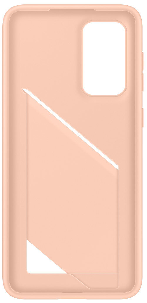 Brzoskwiniowe etui na telefon z prostokątnym wycięciem na aparat i miejscem na kartę.