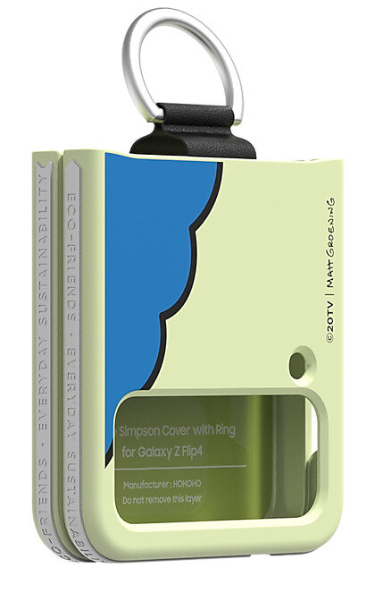 Etui Simpsons na Galaxy Z Flip4 z zieloną obudową, pierścieniem i niebieskim motywem chmury.