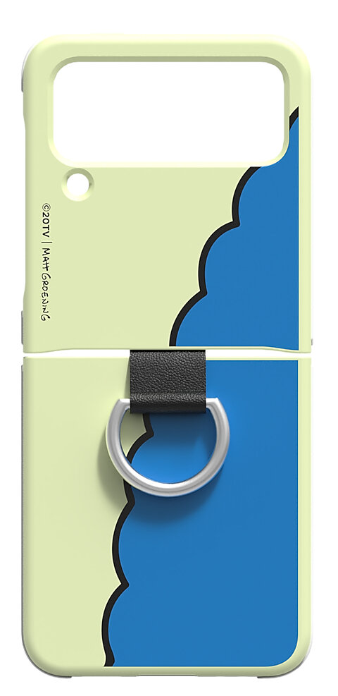 Etui na telefon z żółto-niebieskim wzorem, czarnym pierścieniem i uchwytem.