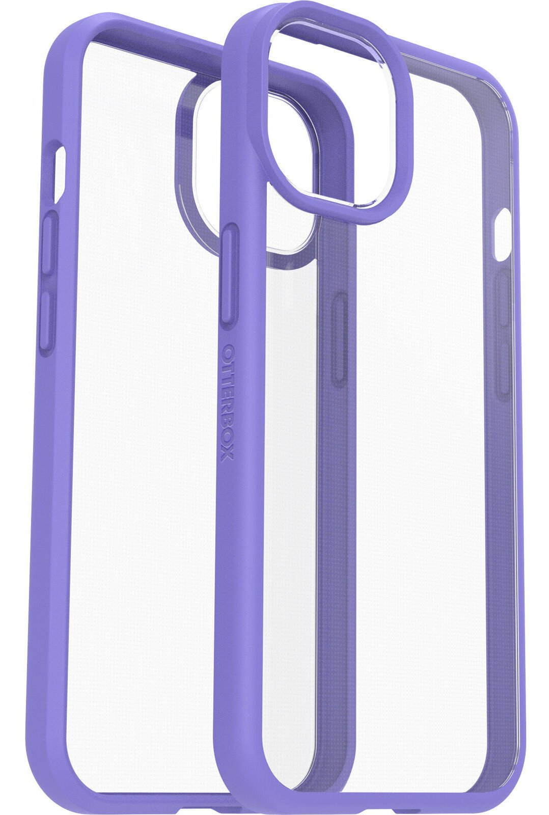 Dwa przezroczyste etui na telefon z fioletowymi ramkami.